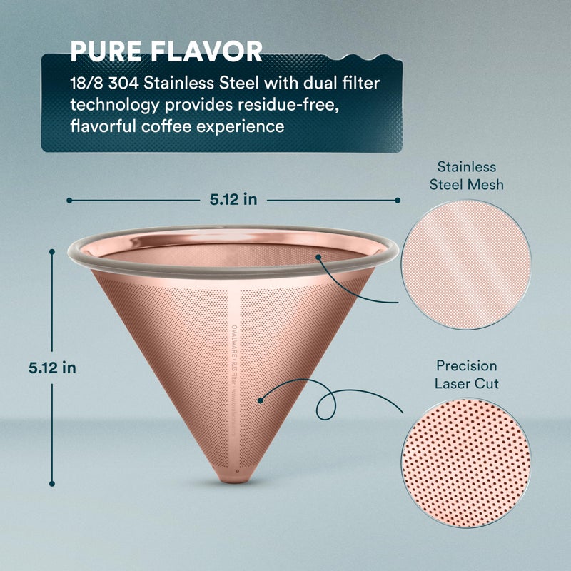 OVALWARE Paperless Stainless Steel Pour Over Coffee Filter â€“ Reusable and Permanent Coffee Cone Dripper for Ovalware, Chemex, Hario and Other Carafes (Titanium Rose Gold) - Image 2